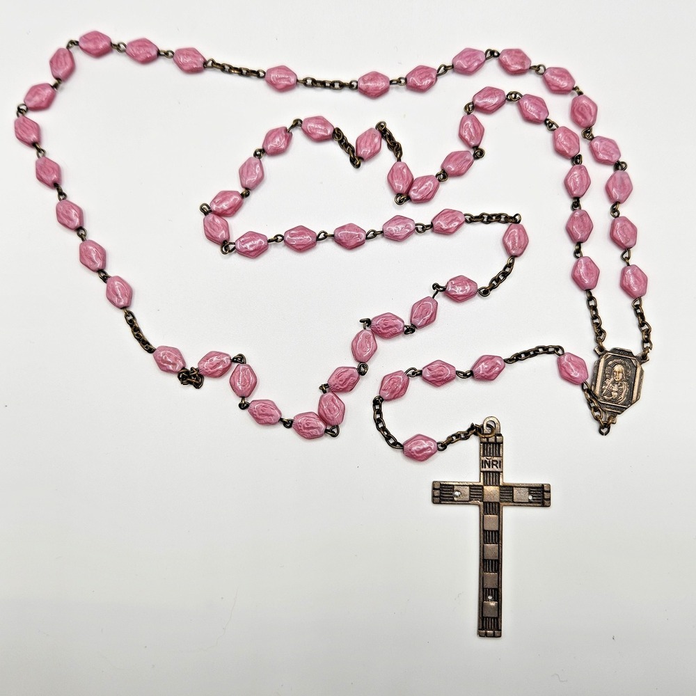 Vintage Czech Pink Glass Rosary Catholic Signed Czechoslovkia on Cross 22"
